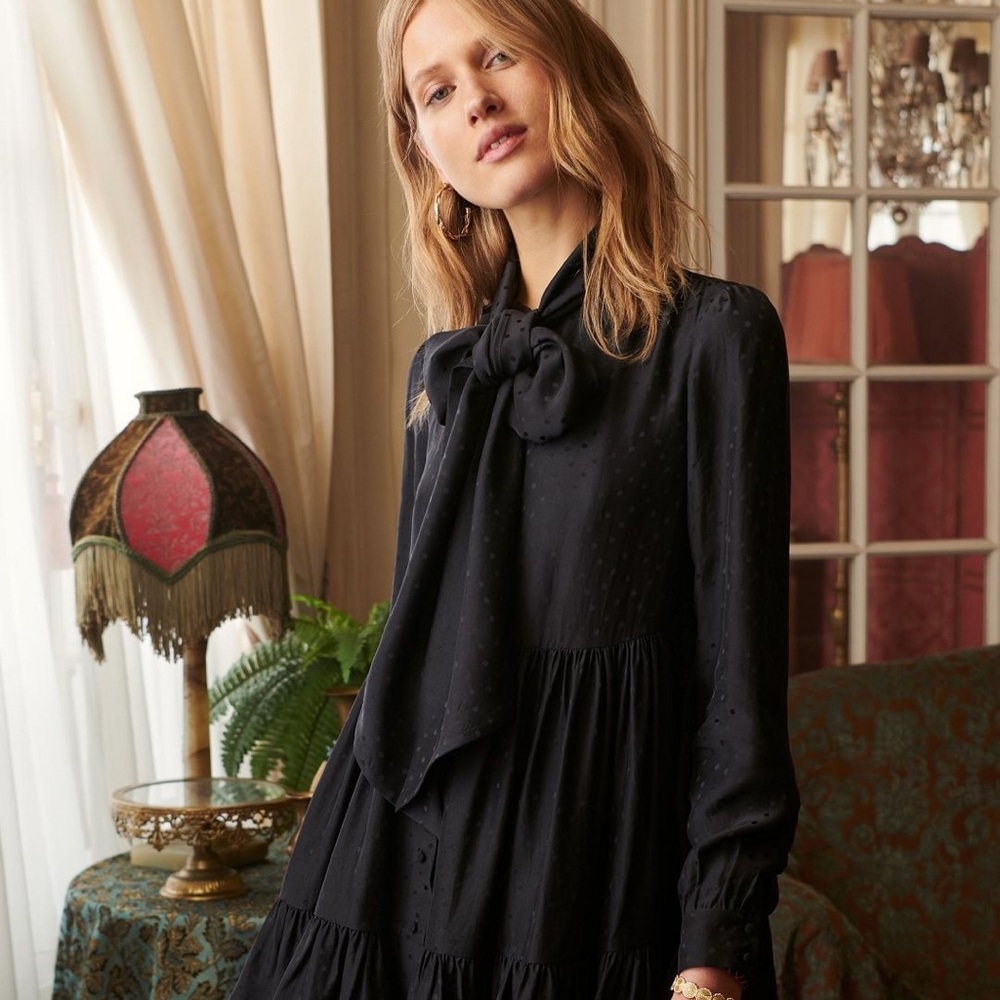 Sezane x Manoush Selena Silk Black Ruffle Dress